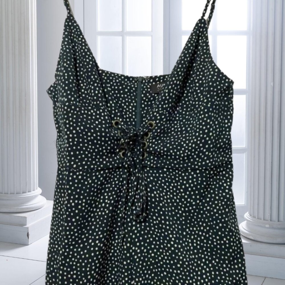 Audrey 3+1 Green Polka Dot Wide Leg Jumpsuit M Tie Front Spaghetti Strap Romper - Picture 5 of 12